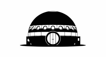 Monochrome graphic illustration of a futuristic dome shaped building.