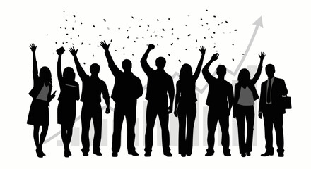 Group of people celebrating success with raised arms and confetti.