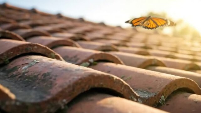 A monarch butterfly flits above a terracotta tile roof illuminated by sunlight
