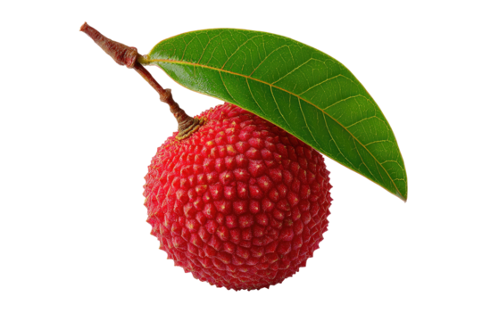 A single, red, textured fruit with green leaf and stem against a black background