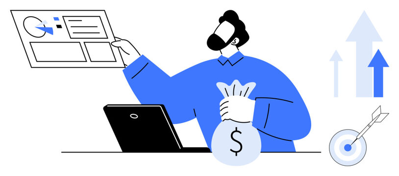 Professional assessing charts on a screen, holding a money bag by laptop. Ideal for finance, investment, data analysis, business success, strategy, growth planning monetary gain. Simple flat