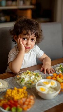 Sad Little Gourmet: A young child sits dejectedly at a table, gazing down at a feast of fresh and vibrant foods, their face etched with a look of unhappiness.