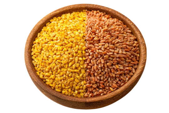 A wooden bowl filled with yellow and red grains, split into two halves
