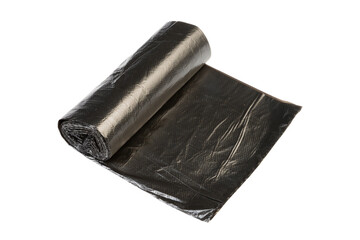 Rolled black trash bags for kitchens, offices, or outdoor clean-up activities. Strong and durable for everyday needs. Garbage bag roll isolated on white background