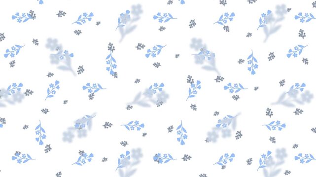 Rotating animation of a floral pattern with soft watercolors, a seamless pattern with blue and gray branches on a white background.