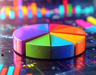A vibrant, 3D rendered pie chart dominates a dark, data-filled background, with colorful bar graphs and charts, creating a dynamic visualization