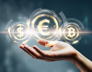 A hand holding dollar euro and bitcoin symbols with glowing effects and futuristic circle designs around them