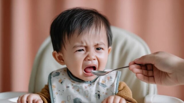 Unwilling Mealtime: A baby expresses their displeasure at mealtime, their face scrunched up in a mix of emotions, as a spoon approaches. 