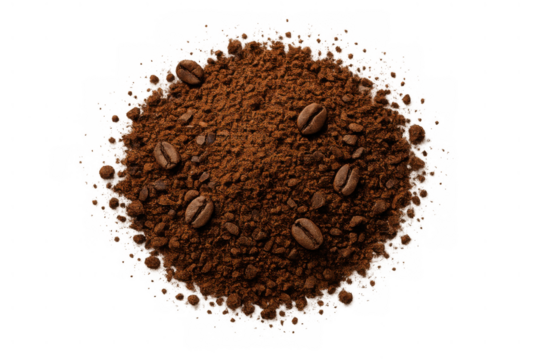 Instant coffee powder with roasted coffee beans on a transparent background for various creative graphic design projects