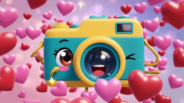 Cartoon camera with hearts floating in a festive background