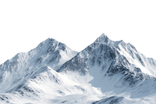Snowy peaks of a mountain range against a transparent backdrop. High detail, bright