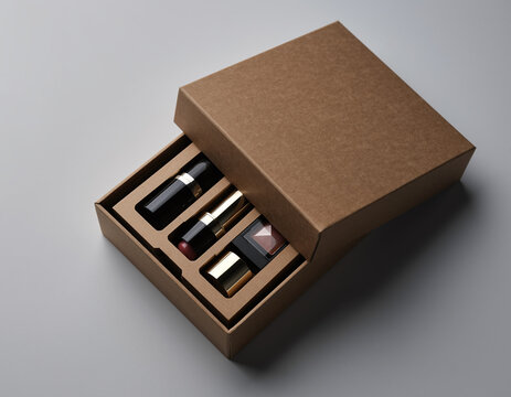 A sophisticated collection of lipsticks and beauty essentials elegantly presented in a minimalist, eco-friendly kraft paper gift box, perfect for a seasonal surprise