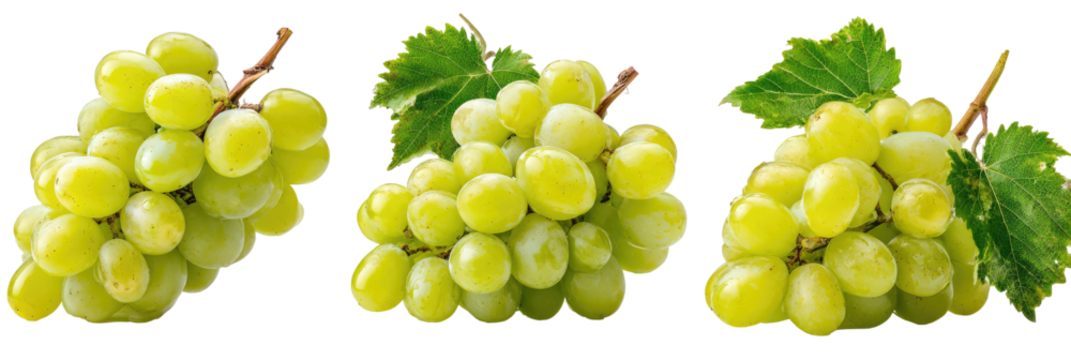 Three bunches of green grapes with leaves, positioned with a slight overlap against a black background