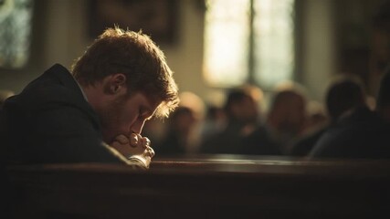 Solitude in Sanctum: A lone figure bows in quiet prayer within the hallowed sanctuary, exuding a sense of profound introspection and spiritual reflection.