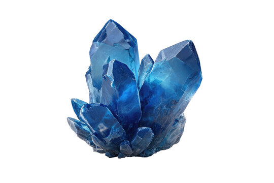 A cluster of vibrant, translucent blue crystals radiating light against a black background