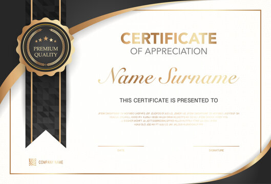 Modern certificate of appreciation template with elegant gold and black design, premium quality badge, customizable name and signature area, perfect for awards, achievement or recognition.