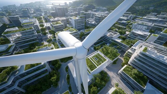 Renewable energy urban landscape: A striking visual narrative of a vibrant urban landscape embraces sustainability with wind turbine, the scene depicts a harmony of nature and urban life.