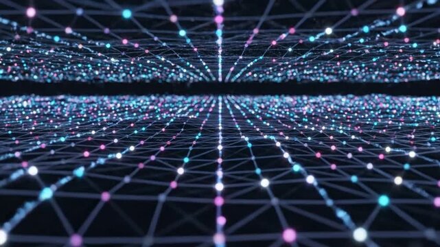 Glowing blue fiber optic cables with digital light patterns