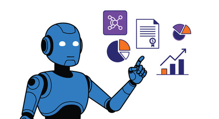 Robot presenting modern business data analysis with charts and graphs