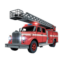 Red fire truck ladder emergency vehicle rescue service firetruck lights station equipment apparatus on transparent background