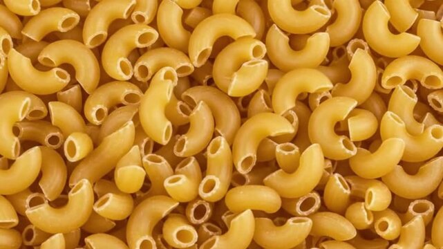 Abundant yellow elbow macaroni pasta filling the frame showing their distinctive curved shape  hollow centers