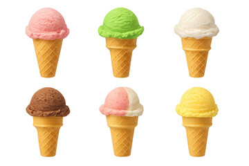 Six ice cream cones in different pastel flavors arranged in two rows
