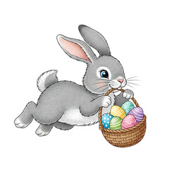 Easter bunny eggs basket spring cute rabbit illustration holiday celebration animal cartoon gray happy on transparent background
