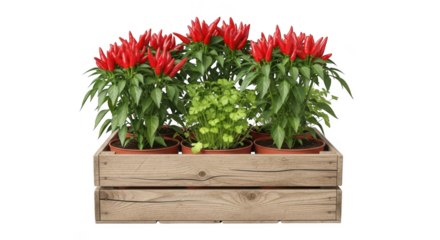 Vibrant red chili peppers and green herbs growing together in a rustic wooden crate isolated on transparent background