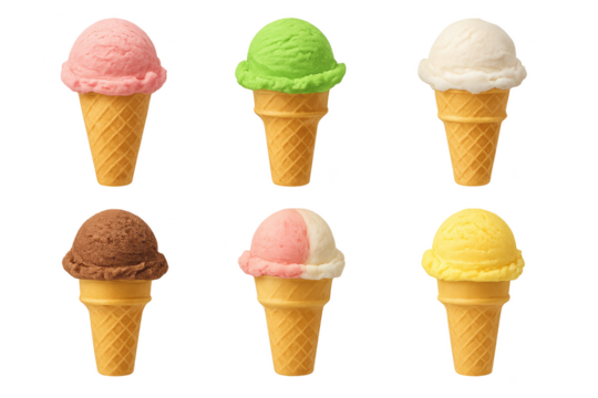 Six ice cream cones in different pastel flavors arranged in two rows