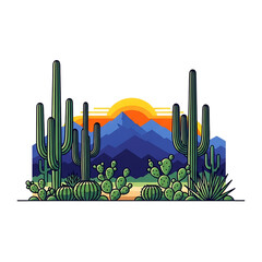 Illustration of desert landscape with cactus mountains and sun scenic nature scene art design on transparent background