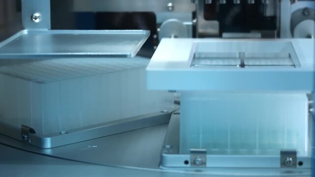 Close up of automatic PCR nucleic acid extraction station processing samples with precision tools for molecular diagnostics and genetic analysis in modern laboratory environment.