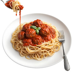 Spaghetti meatballs pasta sauce food italian dish dinner lunch cuisine tomato delicious basil fork meal on transparent background