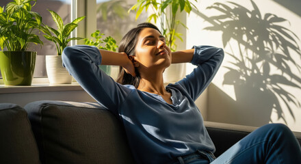 Blissful woman relaxing on sofa, enjoying sun and home comfort.