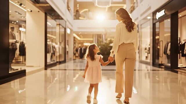 Mother and daughter holding hands walking through a shopping mall in warm evening sunlight