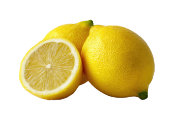 Three vibrant yellow citrus fruits, one halved to reveal the juicy interior, set against black