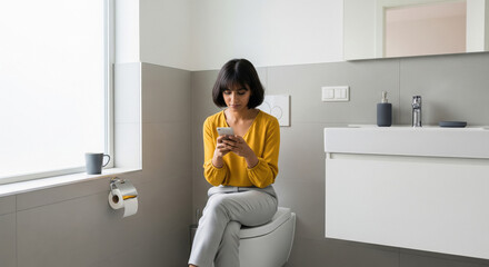 Young woman uses smartphone on toilet in modern bathroom