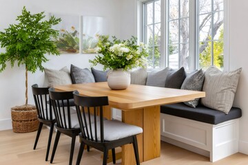 Fototapeta premium Modern dining nook with banquette seating and wooden table