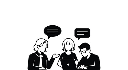 Team discussing project at laptop with speech bubbles in monochrome