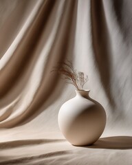 Matte Ceramic Vase with Dried Stems and Warm Textured Drapes