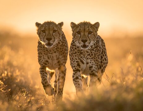 Two cheetahs sprinting together through tall, dry grass towards the viewer - Powered by Adobe