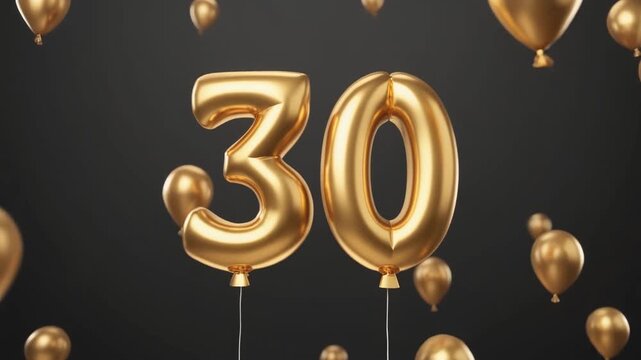 3D render of golden number 30 balloons rising for anniversary