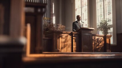 Reflection in Sanctuary: The soft glow of sunlight illuminates a solemn figure, poised at a wooden lectern in a serene church, embodying introspection and spiritual reflection. - Powered by Adobe