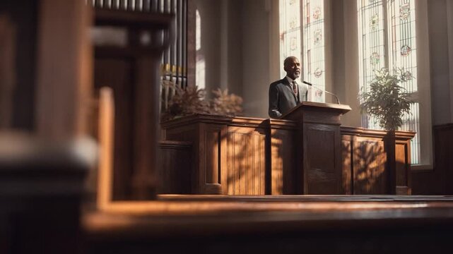 Reflection in Sanctuary: The soft glow of sunlight illuminates a solemn figure, poised at a wooden lectern in a serene church, embodying introspection and spiritual reflection.