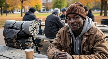 Fototapeta premium Homeless people. Smiling African American man sitting at a picnic table in a park, surrounded by others, with blankets and coffee cups, conveying warmth and community support