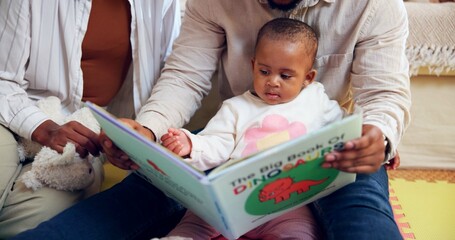 Family, child or reading with dinosaur book in home for story or childhood development. Mom, dad or toddler with kids novel, fairytale or literature for learning, bonding or fantasy together in house