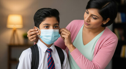 Mother helps son wear mask for school safety