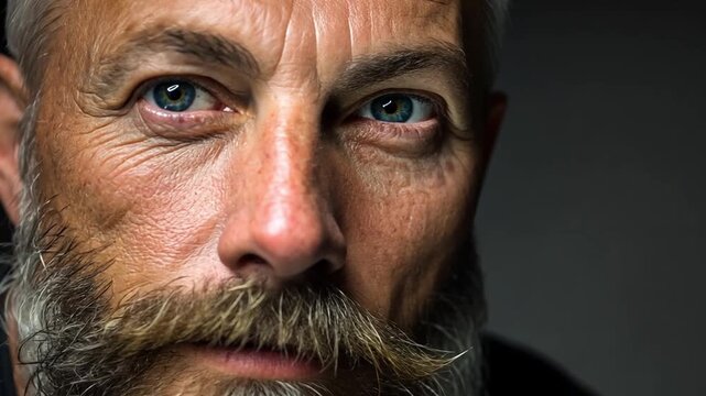 Contemplative Gaze: A close-up shot of a mature man with striking blue eyes, framed by a full beard and mustache, the portrait captures a sense of introspective maturity and thoughtful reflection.