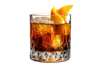 Cocktail with ice and an orange peel garnish in a crystal rocks glass, against a black background