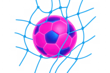 Soccer ball hitting goal net, capturing moment of scoring and success in a vibrant pink and blue sport game