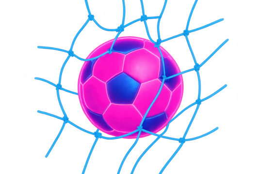 Soccer ball hitting goal net, capturing moment of scoring and success in a vibrant pink and blue sport game